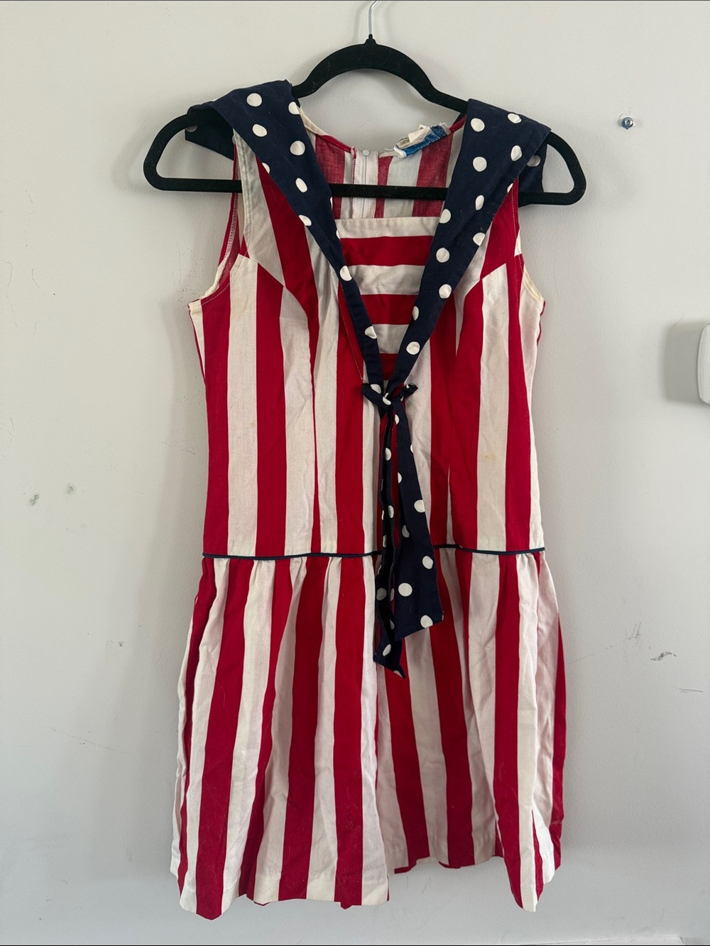 Red & White Stripe Sailor Dress with Navy Polka Dot Scarf